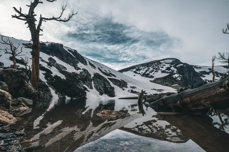Snow-covered peaks reflected in a still alpine lake in the Colorado Rockies